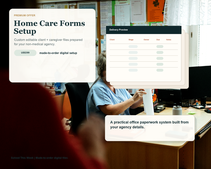 Home Care Business Forms Setup, Custom Editable Agency Templates, Non-Medical Client Intake, Caregiver Forms
